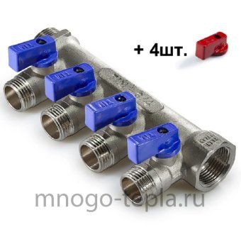 Коллектор распределительный 4 отвода TIM MV03N-4F (3/4" х 1/2") под плоскую прокладку, с кранами шаровыми - №1